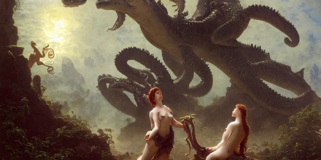 Prompt: Fantasy fairytale story, Great Leviathan Turtle, cephalopod, Cthulhu Squid, Mysterious Island, center Universe, accompany hybrid, Mystical Valkyrie Cyborg, Anubis Reptilian, Atlantean Warrior, intense fantasy atmospheric lighting, hyperrealistic, William-Adolphe Bouguereau, François Boucher, Jessica Rossier, Michael Cheval, michael whelan, Cozy, hot springs hidden Cave, Forest, candlelight, natural light, lush plants and flowers, Spectacular Mountains, bright clouds, luminous stellar sky, outer worlds, Solar Flare Unreal Engine, HD,