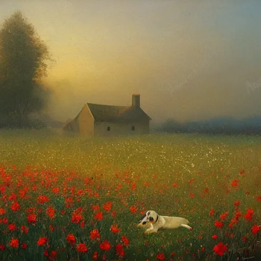 Image similar to mild, calm very tiny black Dachshund sleeping inside the flower on the sunrise, misty field, painting by Perov,