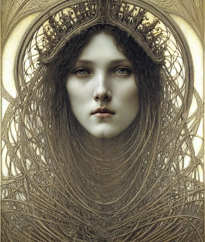 Image similar to detailed realistic beautiful young medieval queen face portrait by jean delville, gustave dore and marco mazzoni, art nouveau, symbolist, visionary, gothic, pre - raphaelite. horizontal symmetry