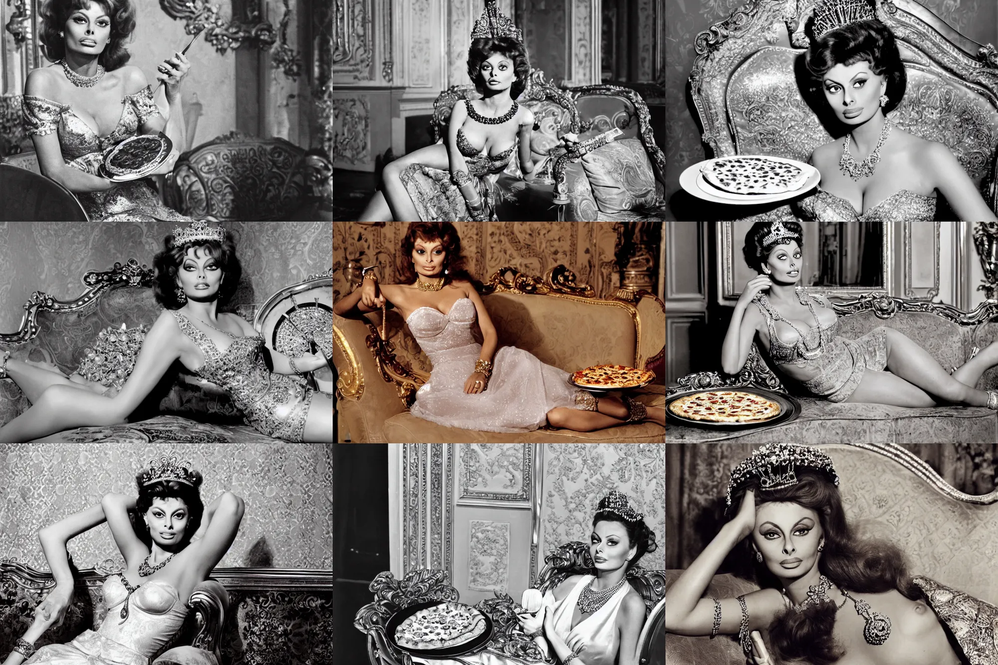 Prompt: high quality photo of young beauty sophia loren, pizza is served on a silver platter, relaxed pose, antique luxury sofa, intricate ornamented tiara, opulent pearl necklace, laced dress, golden lighting, golden ratio, sharp focus, masterpiece, royal photo, highly coherent