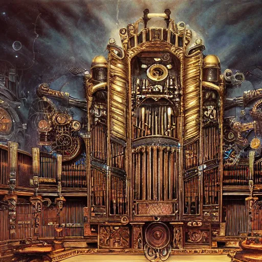 Prompt: steampunk pipe organ lp album art, intricate detail, mechanical, baroque oil painting by alan lee and jim burns