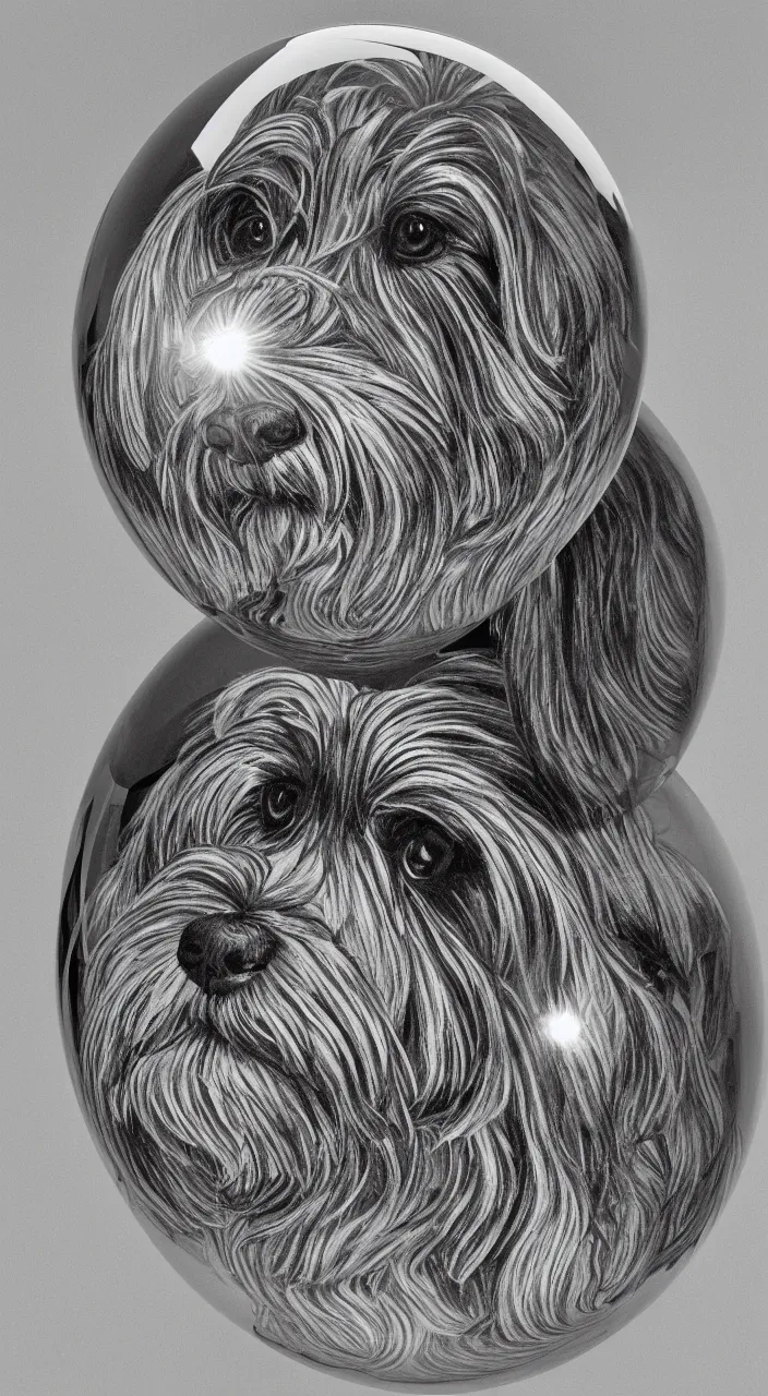 Prompt: self - portrait of a havanese dog reflection in a mirrored chrome sphere, by m c escher pen and paper