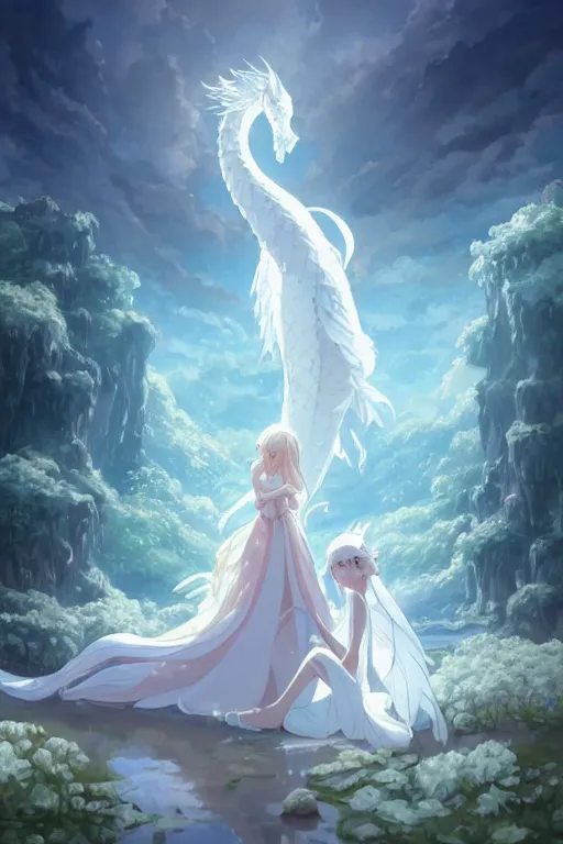 Prompt: beautiful scene render that a princess rely on a huge silver white dragon back, finely detailed angelic face delicate features, facial symmetry, in the fairyland surrounded by white clouds, perfectly shaded, atmospheric lighting, style of makoto shinkai and peter mohrbacher, studio ghibli. artgerm, beeple, animation style, 4 k hd, hyper detailed