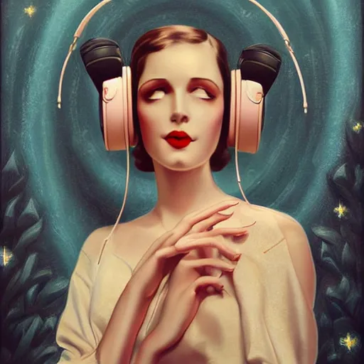 Image similar to intricate, amazing, art deco, retro vintage and romanticism, painting by march hares, soft color palette, highly detailed, godess with headphones from space sci - fi of ancient religion