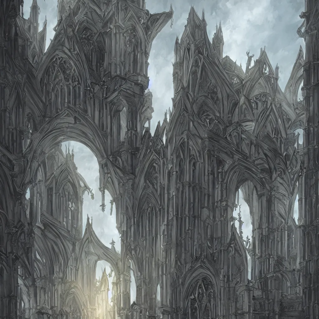 Prompt: modern gothic building made out of dark stone with white arches as a bright high contrast cinematic lighting highly detailed 4 k resolution jesper ejsing