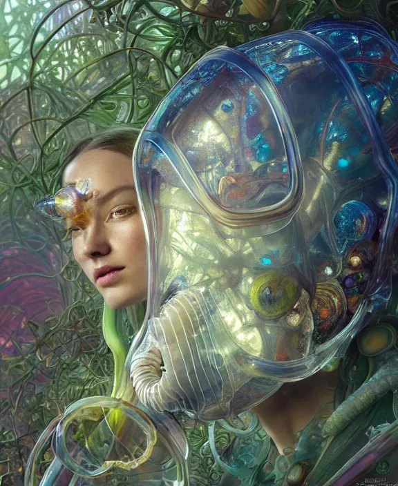 Image similar to opulent colorful transparent clear see - through portrait of a terrifying beautiful male alien isopod cyborg, mottled coloring, adorable, childlike, overgrown biopunk jungle environment, ultra realistic, concept art, art nouveau, photorealistic, octane render, 8 k, unreal engine. art by christopher marley and artgerm and greg rutkowski and alphonse mucha