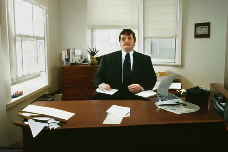 Image similar to cinematic film still from 1994 film: portly clean-shaven white man wearing suit and necktie at his desk. He has his right foot propped up on his desk. XF IQ4, f/1.4, ISO 200, 1/160s, 8K, RAW, dramatic lighting, symmetrical balance, in-frame