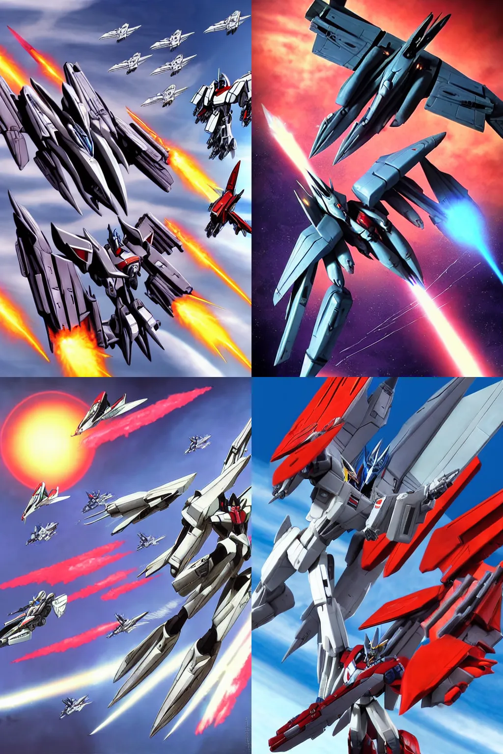 Prompt: fight in the sky between Starscream and Jetfire from Transformers, Transformers Prime, Transformers Generation One, Macross Frontier, Battroid Mode, Anime, Transformers G1, VF-1S Jetfire, Robots, Robot, Robot Mode, Mecha, 8k, ultra realistic, illustration, splash art, Sunny day with clear sky, action scene, action lines, fight scene, robot mode,