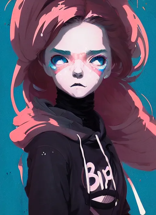 Image similar to highly detailed portrait of a urban punk lady student, blue eyes, hoodie, white hair by atey ghailan, by greg rutkowski, by greg tocchini, by james gilleard, by joe fenton, by kaethe butcher, gradient black, brown and pink color scheme, grunge aesthetic!!! ( ( graffiti tag wall background ) )