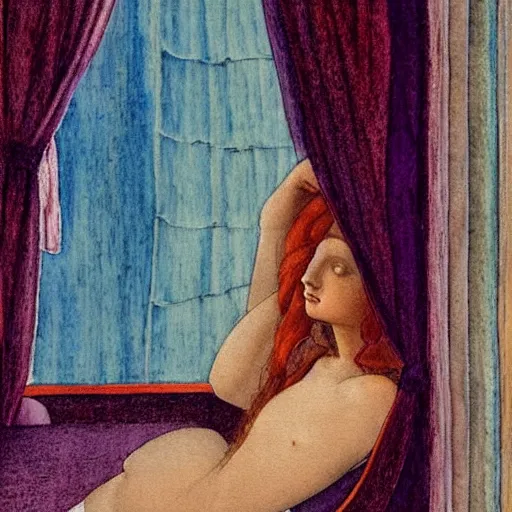 Image similar to a lonely girl in a liminal hotel room, watercolor by botticelli, limited color palette, very intricate, art nouveau, highly detailed, lights by hopper, soft pastel colors, minimalist