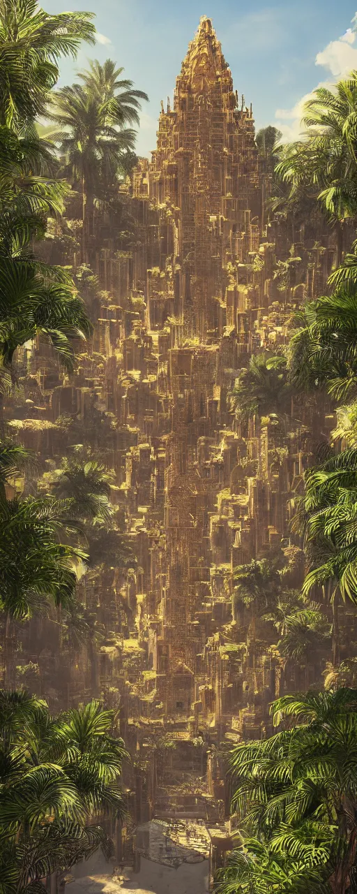 Image similar to photorealistic eye level conteporary babylon tower, golden intricate details, stone facade, sacred ancient architecture, hanging gardens, cascading highrise, arid mountains with lush palm forest, sunlight, post - production, octane, cgi, sfx