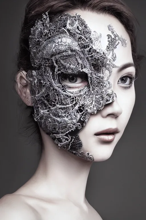 Prompt: portrait of a woman wearing a hyper detailed beautiful full faced mask detailed stitching, beautifully lit, cinematography, 8 k post production, atmospheric background, ambient occlusion, global illumination by, balenciaga, wlop, riyahd cassiem, art station trending