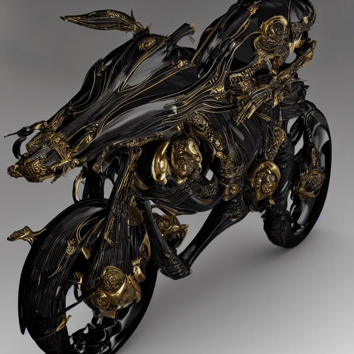 Prompt: fine art statue of black egyptian man on a surrealist motorbike motorcycle, ebony art deco sculpture, carved black marble, inlaid with ebony and gold accents, ebony rococo, wings black lace wear, spider zero, zaha hadid, beautifully lit, hyper detailed, octane render, intricate, elite, ornate, photorealistic, micro details, 3 d sculpture, ray trace