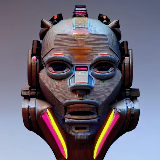 Prompt: claymodel of a cyberpunk aztec futurism robot head, 8 k, symetrical, flourescent colors, halluzinogenic, multicolored, black background, 3 d render,