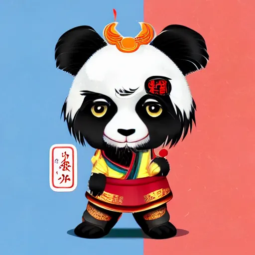 Image similar to a high detaild character design of a cute panda with a chinese lion dance head, chinese style, trend, illustration,