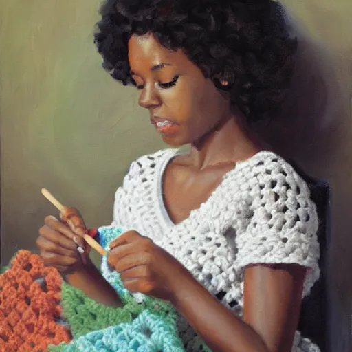 Prompt: painting young woman crochetting