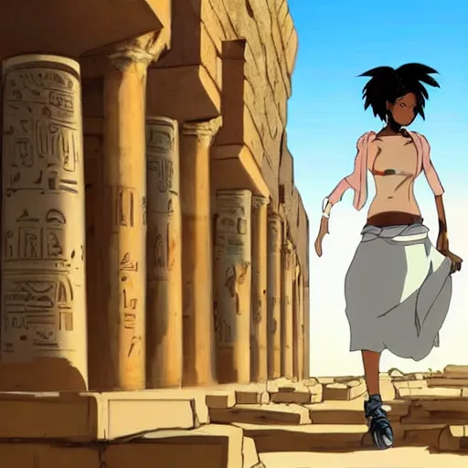 Prompt: a anime still of a black woman exploring ancient egypt ruins,madhouse