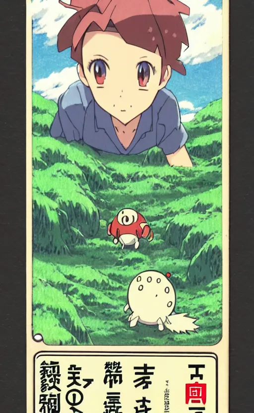 Prompt: a pocket monster go card from 1 9 5 0, illustration, clear sky background, lush landscape, concept art, anime key visual, trending pixiv fanbox, by wlop and greg rutkowski and makoto shinkai and studio ghibli and kyoto animation and ken sugimori, symmetrical facial features, short hair, hair down, adult beetle trainer, box art