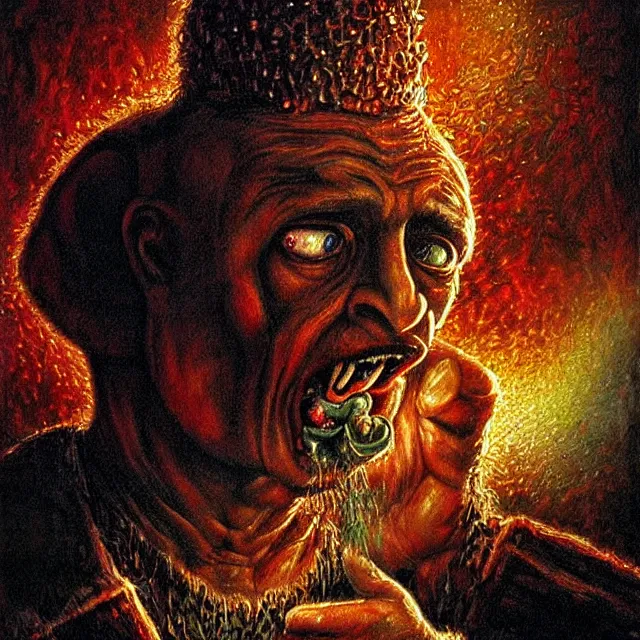 Prompt: shocked putin dwarf with tears in cage, cage, hell, hyper - realistic, sharp focus, depth of field, hyper - detailed visionary art, symmetric, hell, holy halo, dramatic ambient lighting, high detail, vibrant colors, the thing 1 9 8 2, judgment day, apocalypse,