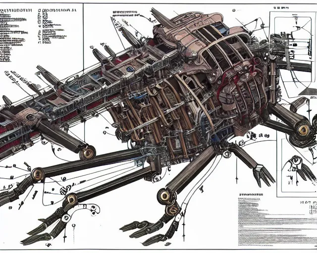 Image similar to a full page of a mechanical blueprint showing a cutaway design for a mechanized six legged wolf from howl's moving castle ( 2 0 0 4 ), with a big head, muted colors, post grunge, studio ghibli, hq,