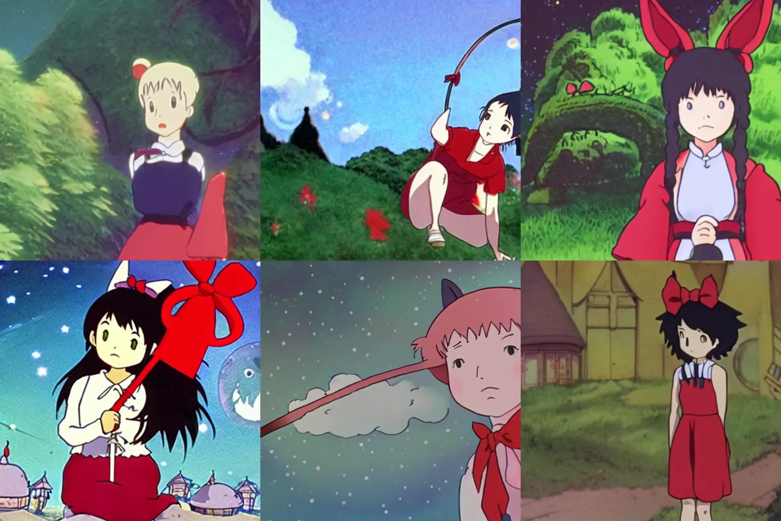 Prompt: frame of kik the witch with her red bow from the studio Ghibli scifi movie kiki's delivery service in space