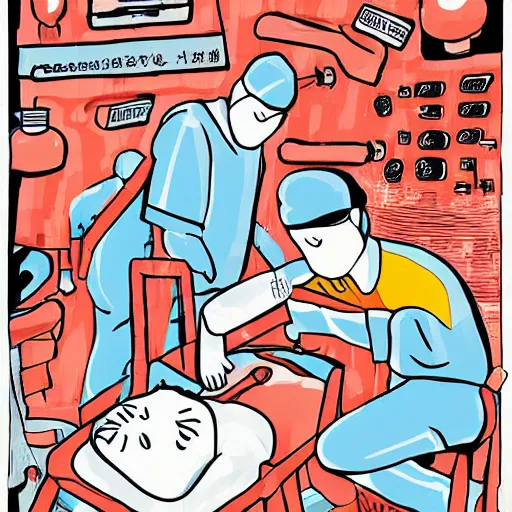 Image similar to chinese surgeons operating on a body on an operating table, in the style of daniel johnston and outsider art, 8k, line brush, minimal, overlaid with chinese adverts