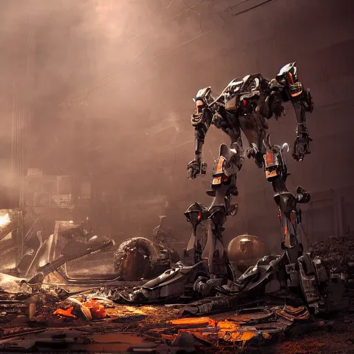 Prompt: cutlery mecha, dark messy smoke - filled cluttered workshop, dark, dramatic lighting, orange tint, cinematic, highly detailed, sci - fi, futuristic, movie still