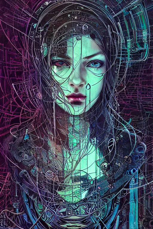 Prompt: dreamy cyberpunk girl, abstract mirrors, digital nodes, beautiful woman, detailed acrylic, grunge, intricate complexity, by dan mumford and by alberto giacometti, arthur rackham