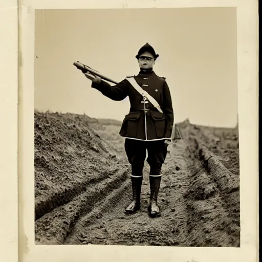 Image similar to a black and white photograph, portrait of a rabbit wearing ww1 uniform, standing in a muddy trench