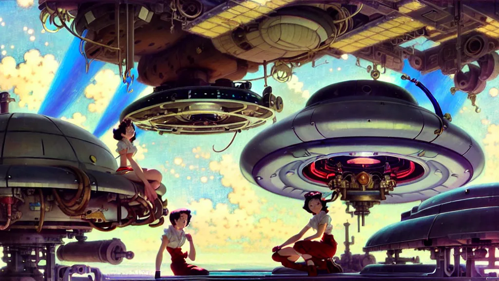 Image similar to a film still of a 1 9 5 0's mechanic anime girl with high detailed face sitting on top of flying ufo landing in hangar of giant ufo spaceship, trending on pixiv fanbox, painted by gaston bussiere, makoto shinkai, akihiko yoshida, gaston bussiere, craig mullins