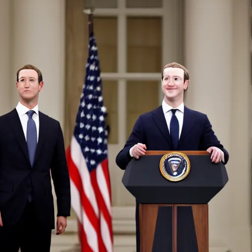 Image similar to mark zuckerberg as the president of the united states wearing a suit standing at the presidential podium