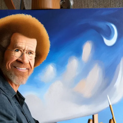 Image similar to a closeup photorealistic photograph of bob ross working on a canvas painting of hawkeye. film still. brightly lit scene. this 4 k hd image is trending on artstation, featured on behance, well - rendered, extra crisp, features intricate detail, epic composition and the style of unreal engine.