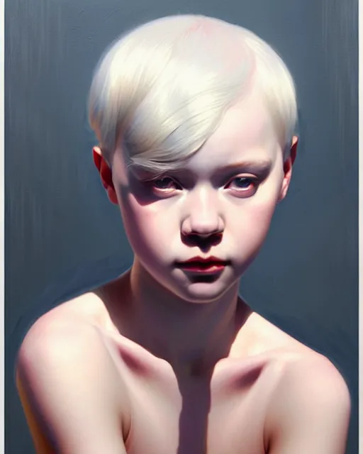 Prompt: stylized portrait of an artistic pose, composition, young albino girl, one head only, realistic shaded, fine details, realistic shaded lighting poster by ilya kuvshinov, magali villeneuve, artgerm, jeremy lipkin and michael garmash and rob rey