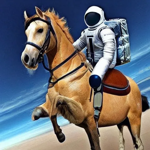 Image similar to “ a man in a horse suit riding a horse in space man suit ”