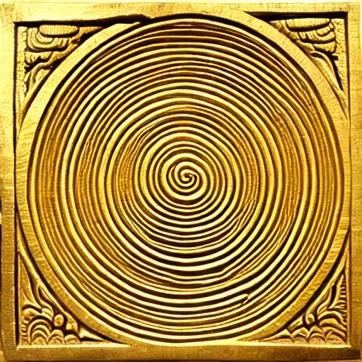Prompt: ornate engraved carving of spiral on a gold panel