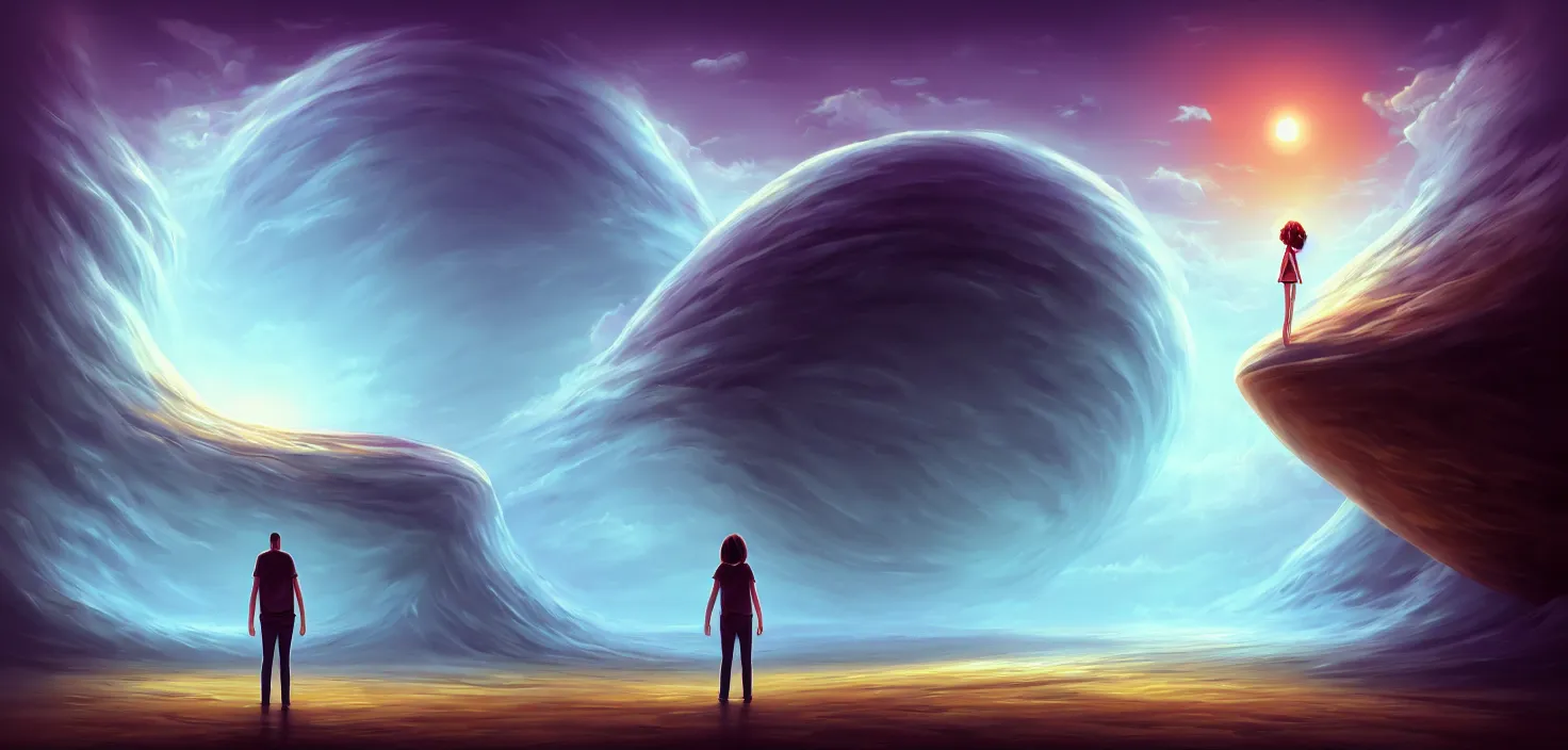 Image similar to a person standing in front of a large circular object, an album cover by cyril rolando, deviantart, magic realism, photoillustration, apocalypse art, matte drawing