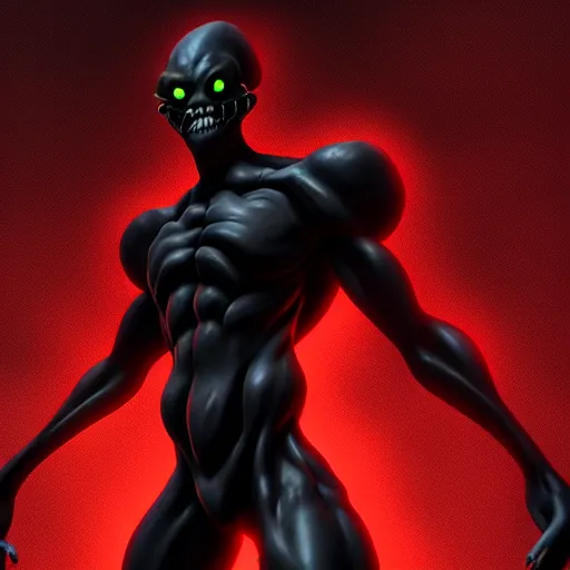 Image similar to a concept game character of black demon, living in a shadow!! red eyes!! unseen body!! only showing itself in painting!! octane render!! unreal engine 5!! junji ito!! highly rendered!!