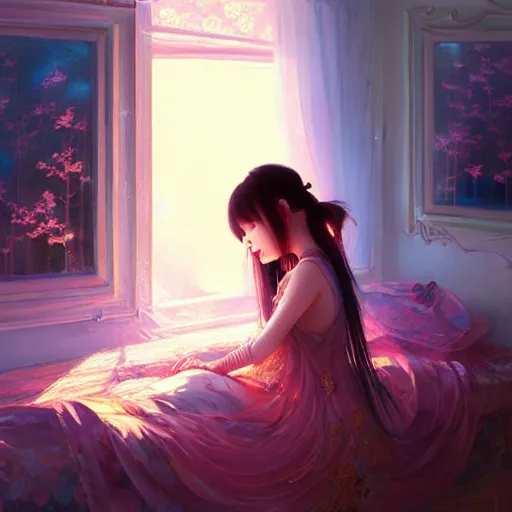 Prompt: beautiful young girl in intricate clothing by ross tran, sleeping in a messy bedroom at sunset, painted by sana takeda, reflections, very high intricate details, painting by liu xiaodong, digital anime art, medium shot, mid - shot, composition by ilya kuvshinov, lighting by greg rutkowski