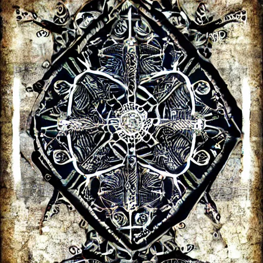 Image similar to symmetrical mandala pattern of machine guns, shotguns, rifles, revolvers, bullets, styled as a tattered paperback cover, ultra-realistic, intricate fluid details,