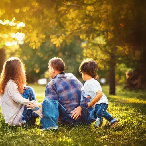 Prompt: a family made out of wood sit in a park 5 0 mm lens, f 1. 4, sharp focus, ethereal, emotionally evoking, head in focus, volumetric lighting, 8 k