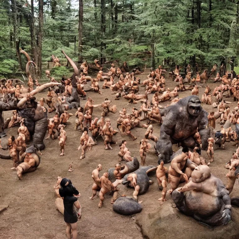 Prompt: photo, neanderthal people, first contact with sumo japanese people, eating hotdogs, surrounded by dinosaurs!, gigantic forest trees, sitting on rocks, bright moon, ice! cream! truck!