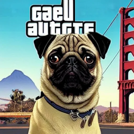 Prompt: pugs on the gta v cover