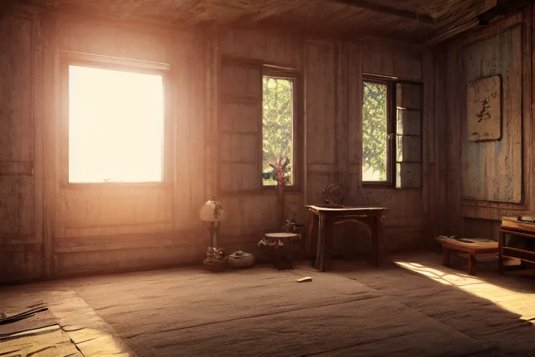 Image similar to artstation scifi scene of a shabby chinese rural room, earth kang, wooden bookcase, a small lotus shrine, in winter paneled walls, unreal engine 5, hyper realism, realistic shading, cinematic composition, blender render, octane render, hdr, detailed textures, photorealistic, wide shot