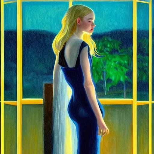 Prompt: Elle Fanning, head and shoulders masterpiece, in Alien, golden hour, in a garden, artstation, in the style of Art Deco and Edward Hopper and Bosch, extremely detailed