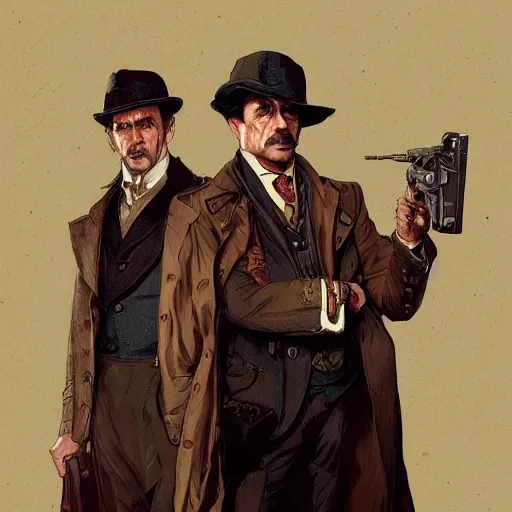 Prompt: [UHD Sherlock Holmes and Watson as GTA characters, correct faces, intricate, elegant, graphic detail, digital painting, trending on artstation, concept art, tonalism, sharp focus, illustration, art by Miguel Vasquez and Greg Rutkowski and Alphonse Mucha]