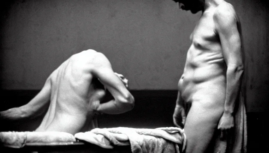 Prompt: movie still of jean - paul marat a wound at the chest, in the bath, cinestill 8 0 0 t 3 5 mm b & w, high quality, heavy grain, high detail, cinematic composition, dramatic light, anamorphic, ultra wide lens, hyperrealistic, by josef sudek