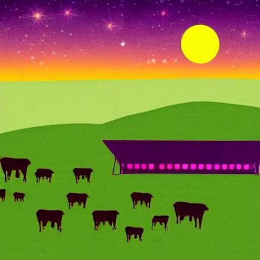 Prompt: cows being abducted by ufo in summer night from pasture. aerial view with blank billboard, minimalism, precisionist in style of patrick nagel, purple and green gamma with pink contrast