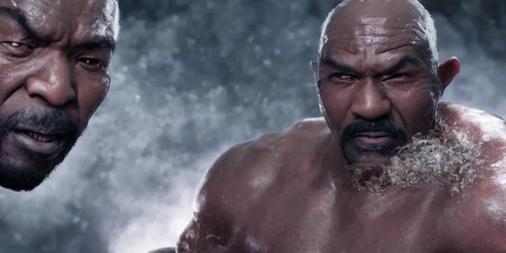 Image similar to a film still of a black man starring in a japanese blockbuster film as heihachi from tekken, shallow depth of field, cinematic, award winning cgi, vfx, film still