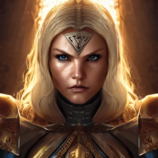 Prompt: front centered symmetrical RPG avatar portrait, Elisha Cuthbert as a paladin, blonde hair, (gold) armour, dramatic lighting, cinematic, establishing shot, high detail, cinematic lighting, post processed, 8k, concept art, artstation, matte painting, in the style of eddie mendoza, raphael lacoste, alex ross