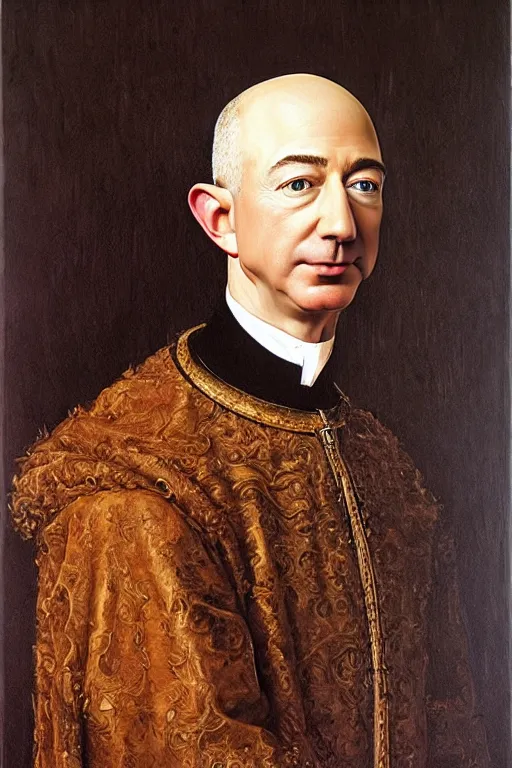 Image similar to portrait of jeff bezos!!! oil painting by jan van eyck, northern renaissance art, oil on canvas, wet - on - wet technique, realistic, expressive emotions, intricate textures, illusionistic detail